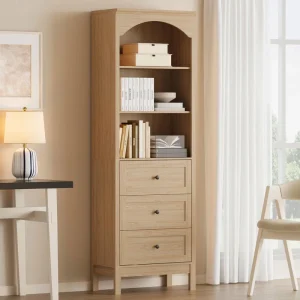 Bookshelf with Drawers with Adjustable Shelf Arched Book Shelf Floor Standing Display Storage Cabinet