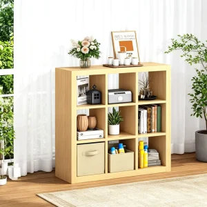 Bookshelf with Storage Bins 9-Cube Storage Organizer Sturdy Wooden Bookcase Open Book Shelf Multifunctional Cubicle Rack