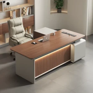 Boss Executive Office Desk Light Luxury Modern High End L Shaped Computer and Writing Desk with Curved Corners and Long Cabinet