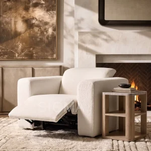 Boucle Fabric Power Recliner Single Chair with Motorized Footrest Cream Accent Recliner Home Theater Chair