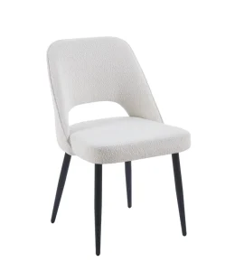 Boucle Fabric Upholstered Dining Chair Hollow Cutout Back Side Chair with Matte Black Metal Legs for Cafe Home Restaurant
