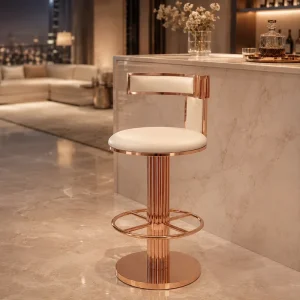 Boutique White Upholstered with Luxury Fluted Gold Column Base and Round Padded Cushion Bar Stool