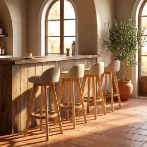 Braided Footrest Bar Stool Swivel Natural Finish 4 Leg Low Back Easy Clean No Slip SGS Certified Base for Kitchen Pub Counter