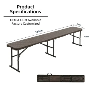 Brown 6ft Fold in Half Wicker Pattern HDPE Outdoor Rattan Folding Bench Camping BBQ Garden Patio Wicker Fold in Half Bench