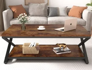 Brown Coffee Table With Double Layer X-shaped Frame For Living Room