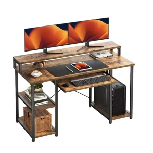 Brown Computer Desk with Keyboard Tray Office Desk with Monitor Stand and Storage Shelves Music Studio Desk Workstation