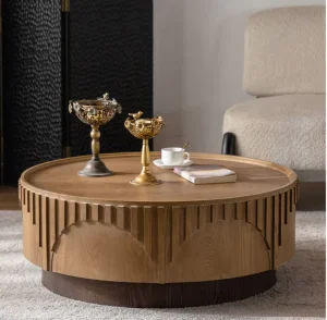 Brown Farmhouse Vintage Living Room Wood Tea Table Round Coffee Tables for Home