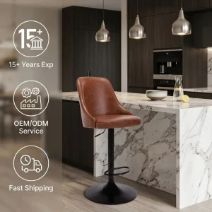 Brown Leather Bar Chair Metal Base Adjustable Swivel Counter Stool for Bar