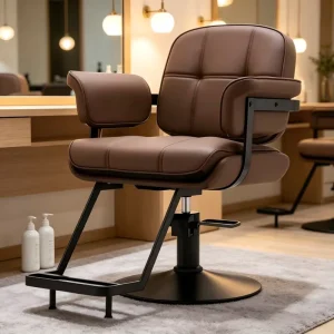 Brown Leather Hydraulic Barber Chair with Black Metal Frame Adjustable Swivel Modern Design for Salon and Living Room Use