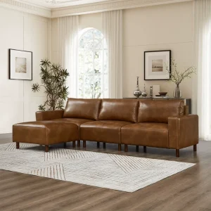 Brown PU Leather Square Ottoman Modular Sectional Sofa 2 3 Seater L Shaped Design for Hotel Living Room Use