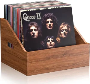 Brown Retro Wood Vinyl Record Storage Crate Durable Album Case Box for 60+ Records Home Decor Collection Display