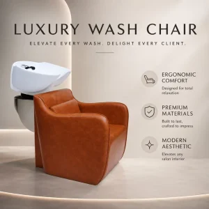 Brown Salon Shampoo Backwash Unit with White Ceramic Basin Comfortable Hair Washing Chair Vintage Leather Texture Design