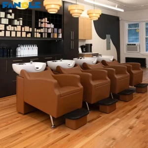 Brown Shampoo Chair Metal Leather Shampoo Bed Barber Shop Ceramic Basin Shower Chair Adjustable Leg Support Salon Station