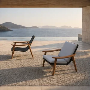 Bulk Custom Rattan Minimalist Portable Waterproof Outdoor Lounge Chair with Teak Frame for Hotel Villa Resort Projects