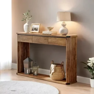 Bulk Order Rustic Narrow Entryway Console Table with 3 Drawers Bottom Shelf Sturdy Metal Corners Panel Design Villa & Hotel Use