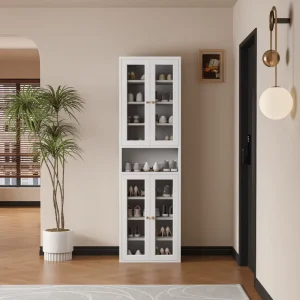Bulk Supply Adjustable Shelf Glass Door With Open Shelf Storage for Homestay Entrance Cream White Tall Steel Shoe Cabinet