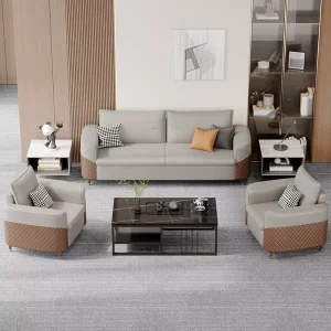 Business Office Sofa Minimalist Reception Set Genuine Leather Three-Seater Conference Sofa Coffee Table Combination Wood
