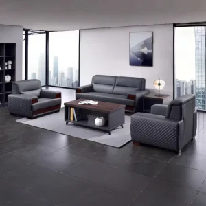 Business Office Sofa Modern Style Sectional Three Seat Small Sized High Quality Leather Oak Board High Density Sponge Set