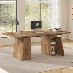 Business Workstation Executive Desk with Power Outlets and Storage Cabinet Wood Computer Desk Conference Table for Home Office