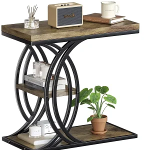 C Shaped 3 Tier Metal Frame Wood End Table with Storage Easy Assembly Modern Rustic Brown for Living Room and Bedroom