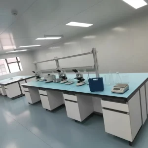 C frame Wood Steel Lab Island Bench for School and Hospital Use Acid Alkali Resistant CE ISO Certified