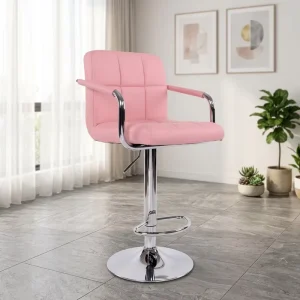 Cafe Bar Furniture Nightclub Stool Hydraulic Lift Bar Stool Pink PU Chrome Metal Frame Commercial Pub Counter Stool