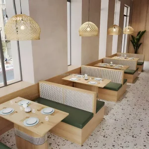 Cafe Bistro Banquette Booth Seating Light Wood Dining Table with Bench Restaurant Tea Shop Woven Back Booth