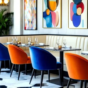 Cafe Dining Coffee Shop Furniture Beige Leather Sofa Bench with Marble Square Tables and Velvet Restaurant Chair Seating Set
