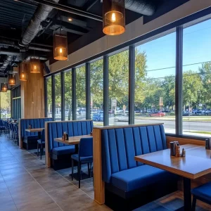 Cafe Restaurant Set Square Wood Table Leather High Back Booth Seating Commercial Furniture Booth