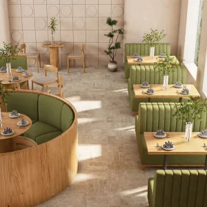 Cafe Restaurant Wood Leather Booth Seating Sofa and Dining Table & Chair Furniture Set for Hotel Coffee Shop