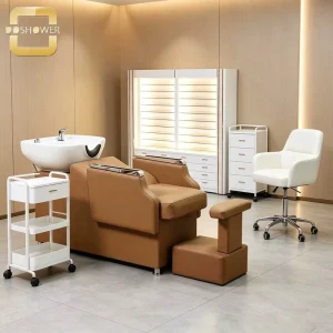 Camel Brown Integrated Shampoo Chair with Matching Stool of White Basin Backwash Unit for Wood Tone Hair Salon and Barbershop