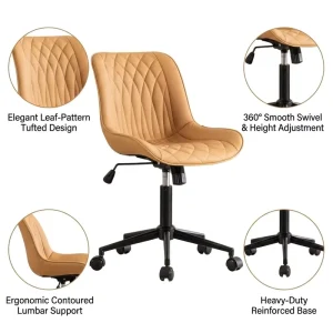 Caramel Leather Bar Chair Metal Base with Elegant Leaf Pattern Tufting Ergonomic Rolling Task Stool for Designer Studio