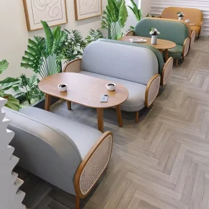 Casual Modern Restaurant Cafe Home Living Room Book Store Solid Wood Table With Wooden Leg Dining Chair Double Sofa Set
