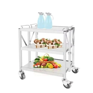 Catering Equipment 3 Tier Stainless Steel Folding Service Trolley for Restaurants Hotels 80 150kg Load Capacity Model