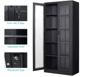 Cayid Modern Metal Display Storage Cabinet with Glass Doors 5 Tier Shelves in Black for Home Office