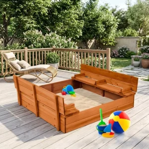 Cedar Wood Sandbox with Cover Bench Seats 220 Lbs Capacity Bottom Liner for Drainage Outdoor Kids Play Brown
