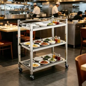 Central Kitchen Foldable Mobile Small Stainless Steel Food Service Trolley 3 Tier for Restaurant