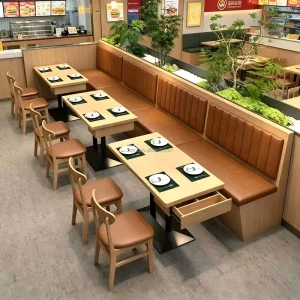 Chain Fast Food Furnishing Set Vertical Tuft PU Banquette Storage Drawer Table Light Timber Commercial Lounge Suite