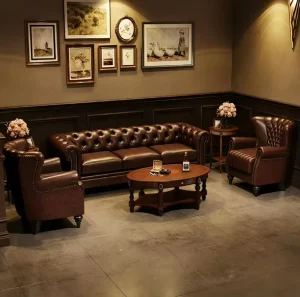 Chesterfield 3 Seater Tufted Leather Sofa Cigar Bar Furniture Lounge Wingback Nailhead Chairs Wood Table Display Storage Cabinet