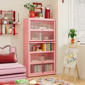 Chic Pink Steel Bookshelf with Flip Door for Living Room and Reading Nook