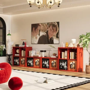 Chic Steel TV Cabinet with Open Shelving and Closed Cabinets Red Finish