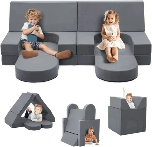 Child Foldable Compression Sofa Two Seat Square Upholstered Fabric Sponge Filled Eco Friendly Modular Sofa School Workshop Park