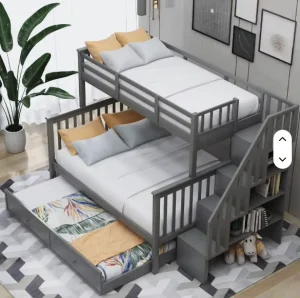 Children Bed for Bedroom Stairway Twin Over Full Bunk Bed With Twin Size Trundle With Storage and Guard Rail Bunk Adult Bed