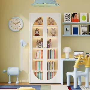 Children’s Steel Bookshelf with Tempered Glass Door Modern Design for Bedroom & Apartment Use Multi Layer Storage Bookcase