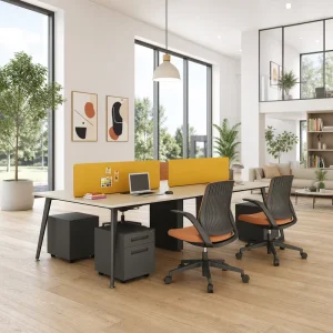 China Factory 4 Person Workstation Desk System With Yellow Acoustic Screen Divider Black Frame for Open Plan Office