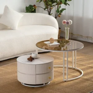 China Factory Modern White Wood and Glass Coffee Table Round Shape Coffee Table Living Room Tea Table
