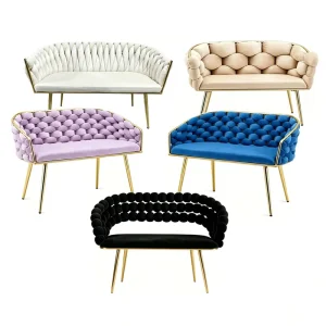 China Luxury Hand Woven Velvet Sofa Armrest Bench with Gold Leg for Home Hotel Apartment