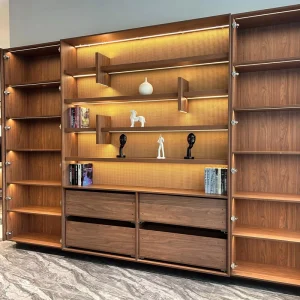 China Manufacture Walnut Bookcase Cabinet with Rattan Design, Multi-functional Storage for Study Living Room Cafe and Library