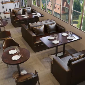 China Modern Commercial Hotel Restaurant Dining Furniture Solid Wood Tables Chairs Custom Leather Sofa Booth Seating Coffee Shop