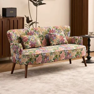 Chinese Pastoral Retro Three Seat Chesterfield Sofa Eco Friendly Durable Sponge Filled Jacquard Fabric Apartment Living Room